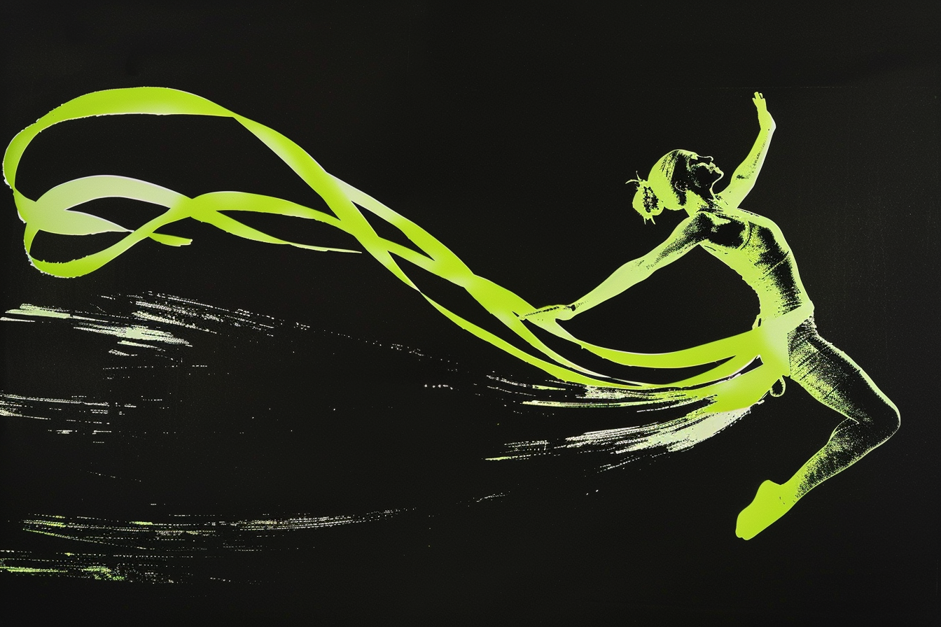 A dancer mid-leap holding the end of one sweeping ribbon — the through-line